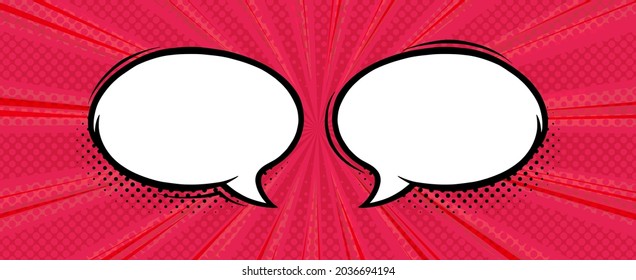 Speech bubbles in red halftone background. Circle speech bubbles for message in comic style. Vector illustration