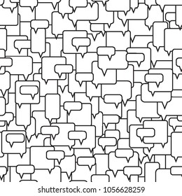 Speech bubbles seamless pattern. Message boxes. Diversity of opinions in the crowd. Symbolic discussion. Black and white vector illustration.