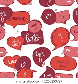 speech bubbles seamless pattern. Vector background of red bubbles with word: hello , amazing, love you, perfect day, quotes, question, exclamation mark . Vector illustration. template. cover fab