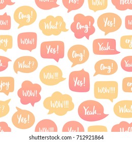 Speech bubbles seamless pattern. Vector background of yellow, orange bubbles in different shapes with popular words about emotions of surprise and good news: yes, omg, wow, yeah etc. 