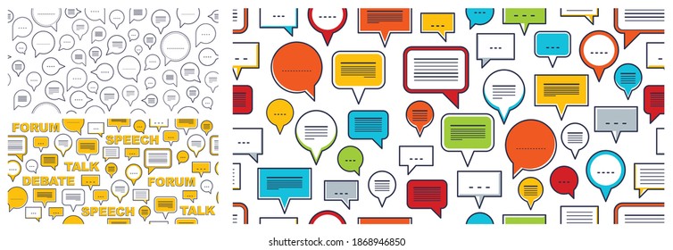 Sprachblasen nahtlose Vektorhintergrund gesetzt, endloses Muster mit Dialogzeichen, Talk- und Diskussionsthema, Kommunikation in sozialen Medien.