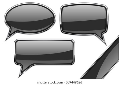 Speech bubbles. Set of black communication 3d icons with chrome frame. Vector illustration isolated on white background