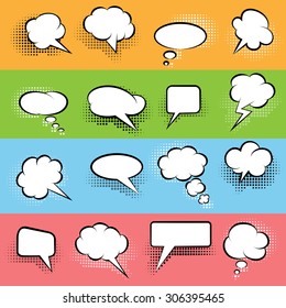 Speech Bubbles Set. Black and white bubbles and various halftone shadows. Retro Comic style.