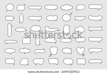 Speech bubbles set, black and white outline stroke hand drawn line art chat balloon collection, blank comic thought and message shapes vector illustration on light background.