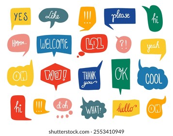 Speech bubbles set. Bright colorful shapes with text. Decorative communication banner. Hand drawn greeting phrases. Dialog abstract boxes. Comic frames. Vector cartoon flat isolated illustration