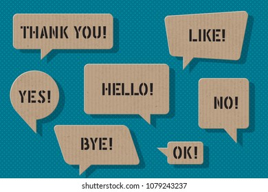 Speech Bubbles Set of Cardboard Craft Paper Flat Design Style Trendy Shapes with Popular Speech Phrases - Black and Brown on Turquoise Dots Wallpaper Background - Vector Realistic Graphic