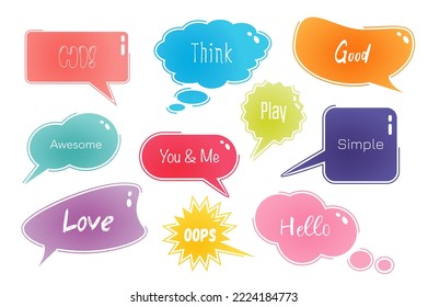 Speech bubbles set in cartoon design. Bundle of different shapes of dialog windows with inscriptions like Hi, Think, Good, Awesome, Hello, Play and other isolated flat elements. Vector illustration