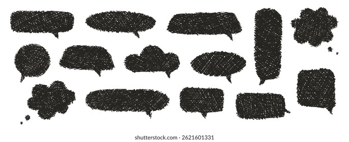 Bolhas de fala сconjunto de raiom. Caixas de pensamento texturizadas de giz grunge. Quadro de bate-papo desenhado à mão bonito, estilo doodle. Nuvem de balão de diálogo. Desenho a lápis, elemento preto sobre fundo branco. Ilustração vetorial