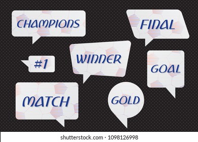 Speech Bubbles Set of Colored Football or Soccer Ball Texture Trendy Shapes with Popular Win Terms - Blue Grey and  Red on Black Dots Wallpaper Background - Vector Gradient Graphic Design