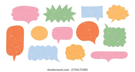Speech bubbles set. Colorful abstract dialog shapes with textured surface. Vector illustration isolated on white background.