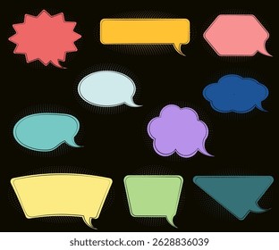 Conjunto de burbujas de discurso, burbujas de colores, fondo negro, puntos, estilo retro, marco de marcador resaltador. Conjunto de doodle de Vector