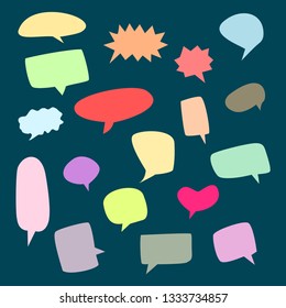 speech bubbles set; colorful blank space cartoon chat box, different shape on  dark blue background. vector illustration