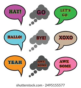 Speech bubbles set. Comic speech bubbles set with different emotions and text HAY, GO, LET"S GO, HALLO, XOXO, BYE, YEAH, AWE SOME. Comic speech bubbles pop art vector set.