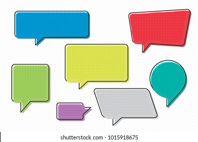 Speech Bubbles Set of Comic Style Circle Distorted and Rectangle Blank Trendy Colored Shapes - Black and Multicolor Elements on White Dots Wallpaper Background - Vector Flat Graphic Design