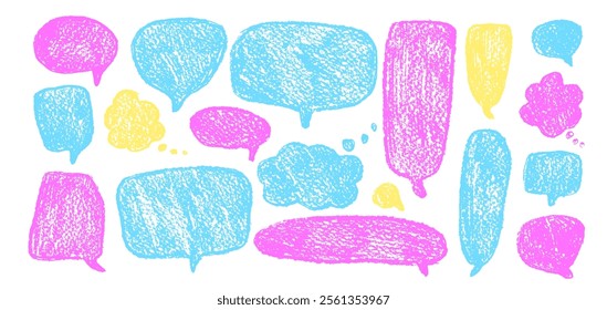Speech bubbles set. Crayon doodle text frames. Chat dialog boxes. Comic talk clouds by chalk or pencil isolated on white background. Childish style quotation balloon Vector hand drawn illustration.