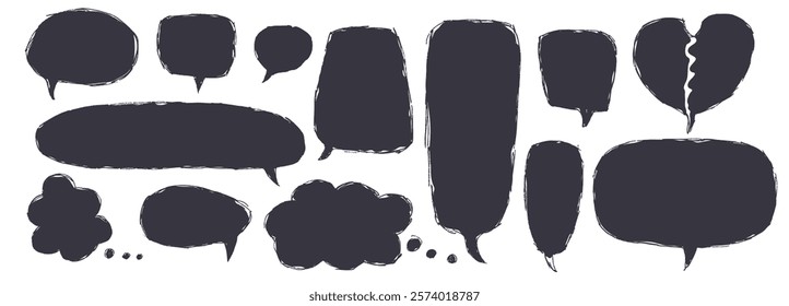 Speech bubbles set. Crayon doodle text frames. Chat dialog boxes. Comic talk clouds by chalk or pencil isolated on white background. Childish style quotation balloon Vector hand drawn illustration.