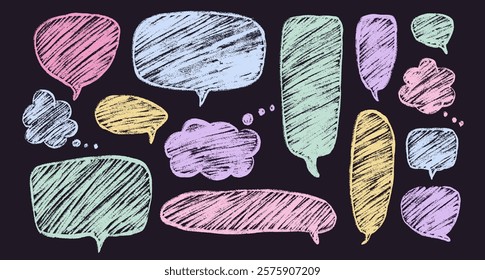 Speech bubbles set. Crayon doodle text clouds. Chat dialog boxes. Comic talk textboxes by chalk or pencil isolated on dark background. Childish style quotation balloon. Vector hand drawn illustration.