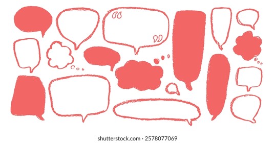 Speech bubbles set. Crayon doodle text boxes. Chat dialog clouds. Comic talk shapes by chalk or pencil isolated on white background. Childish style quotation balloon Vector hand drawn illustration.