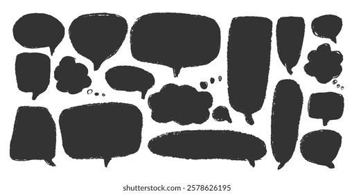 Speech bubbles set. Crayon doodle text frames. Chat dialog boxes. Comic talk clouds by chalk or pencil isolated on white background. Childish style quotation balloon Vector hand drawn illustration.
