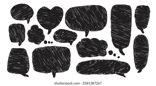 Speech bubbles set. Crayon doodle bubles. Chat dialog boxes. Comic talk clouds by chalk or pencil isolated on white background. Childish style quotation balloon Vector hand drawn illustration.