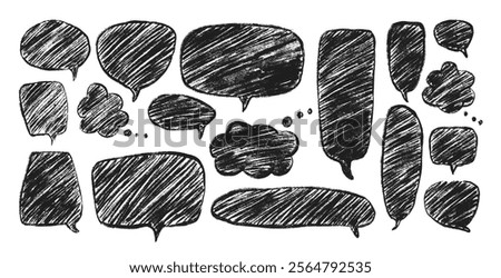 Speech bubbles set. Crayon doodle shapes. Chat dialog boxes. Comic talk clouds by chalk or pencil isolated on white background. Childish style quotation balloon Vector hand drawn illustration.