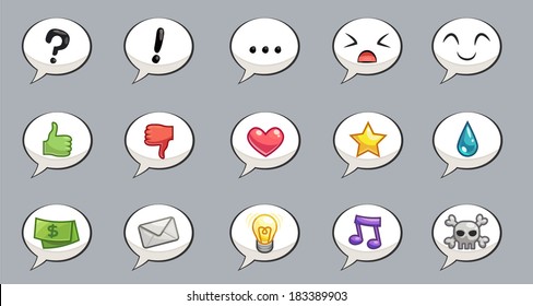 Speech bubbles set of cute icons for web and mobile application. Vector comic communication speech bubbles with emotions and signs
