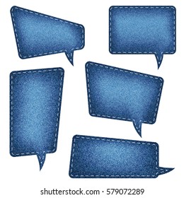 Speech bubbles set, denim texture, blue jean craft stick