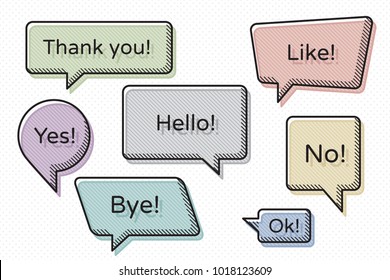 Speech Bubbles Set of Diagonal Strokes Colored Sketch Style Trendy Shapes with Popular Speech Phrases - Black and Multicolor Elements on White Dots Wallpaper Background - Vector Flat Graphic Design