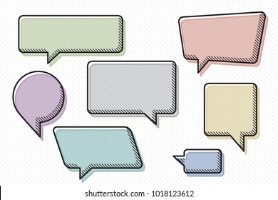 Speech Bubbles Set of Diagonal Strokes Colored Sketch Style Circle and Rectangle Blank Trendy Shapes - Black and Multicolor Elements on White Dots Wallpaper Background - Vector Flat Graphic Design