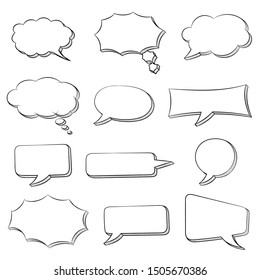 Speech bubbles set. Doodle style hand drawn sketch. Vector illustration isolated on white background