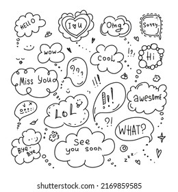 Speech bubbles set in doodle style. Hand drawn dialog clouds with phrases Hello, Hi, Miss you, Lol, Wow, Cool, Omg, Awesome, Bye, What, I love you, See you soon. Vector illustration