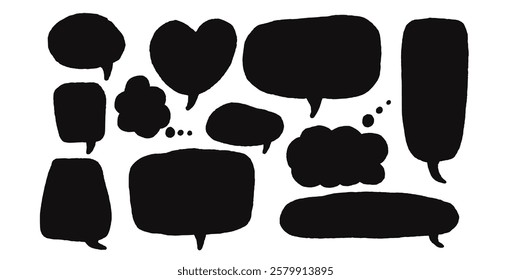 Speech bubbles set. Doodle text frames. Chat dialog boxes. Comic talk clouds isolated on white background. Childish style quotation balloon Vector hand drawn illustration.