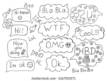 Speech bubbles set with expression text HI, OK, LOL, WTF, OMG, HBD, COOL, 2U, BLA,BLA, IMHO and other abbreviations and elements isolated on white background. Pop art style. Vector illustration. svg