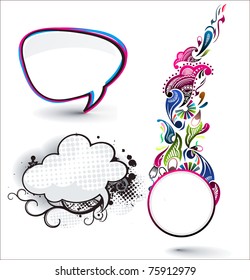 speech bubbles set with floral circle banner design.