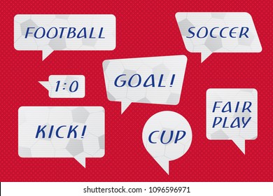 Speech Bubbles Set of Football or Soccer Ball Texture Trendy Shapes with Popular Football Terms - Blue and Grey Elements on Red Dots Wallpaper Background - Vector Gradient Graphic Design
