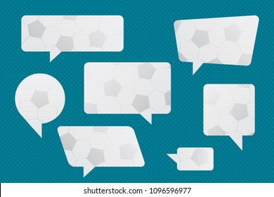 Speech Bubbles Set of Football or Soccer Ball Texture Rectangle Distorted and Circle Blank Trendy Shapes - Light Grey Elements on Turquoise Dots Wallpaper Background - Vector Gradient Graphic Design