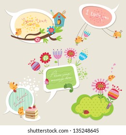Speech bubbles set with funny birds and flowers