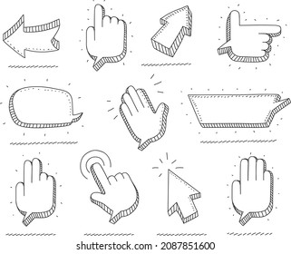 Speech bubbles set in the hand forms with the arrows. Sketchy hand-drawn vector illustrations. 