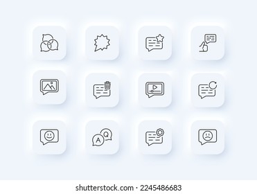 Las burbujas de voz establecen un icono. Comunicación, tasa, revisión, comentario, opinión, reacción, como, discusión. Concepto de retroalimentación. Estilo neomorfista. Icono de línea de vector para negocios y publicidad