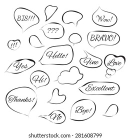 Speech Bubbles set icons with short phrases on white background.