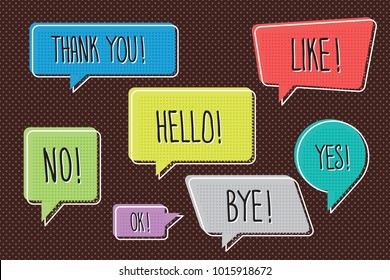 Speech Bubbles Set of Inverted Comic Style Trendy Colored Shapes with Handwritten Speech Phrases - White and Multicolor Elements on Brown Dots Wallpaper Background - Vector Flat Graphic Design