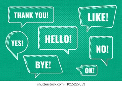 Speech Bubbles Set of Inverted Diagonal Strokes Sketch Style Trendy Shapes with Popular Speech Phrases Lettering - White Elements on Green Dots Wallpaper Background - Vector Flat Graphic Design