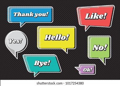 Speech Bubbles Set of Inverted Horizontal Strokes Colored Sketch Style Trendy Shapes with Speech Phrases - White and Multicolor Elements on Black Dots Wallpaper Background - Vector Flat Graphic Design
