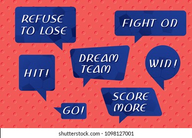Speech Bubbles Set with Inverted Inspirational Popular Football Phrases over Football or Soccer Ball Texture Trendy Shapes - Blue and White on Red Holes Wallpaper Background - Vector Graphic Design
