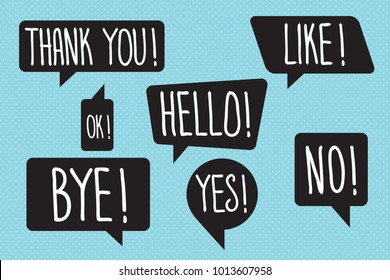 Speech Bubbles Set of Inverted Trendy Shapes with Popular Speech Phrases Handwritten Lettering - Black and White Elements on Blue Dots Wallpaper Background - Vector Flat Graphic Design