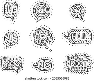 Speech bubbles set with the messages inside - sketchy hand-drawn vector illustrations.