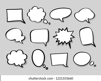 Speech bubbles set on gray background. Dialog box icon, chat cartoon bubbles. Vector doodle  icon.