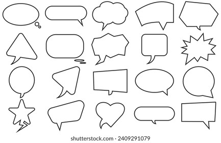  Juego de burbujas de voz de Rectángulo distorsionado de círculo delineado y formas de moda en blanco cuadrado, elementos negros sobre fondo blanco, diseño gráfico plano vectorial