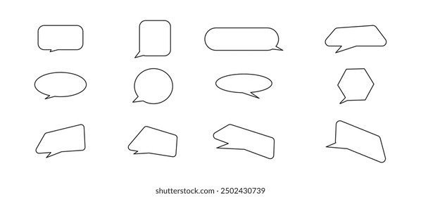 Speech Bubbles Set of Outlined Circle Distorted Rectangle and Square Blank Trendy Shapes, Black Elements on White Background, Vector Flat Graphic Design
