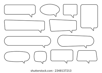 Speech bubbles set of outlined distorted rectangle and square. Trendy line shapes, blank speech balloon, chat bubble on white background, vector design elements.